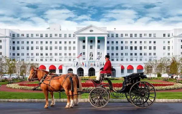 Horse and carriage for guests in front of The Greenbrier Resort in White Sulphur Springs, WV
