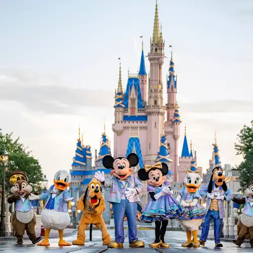 Disney characters in front of Cinderella's Castle at Disney World, Orlando